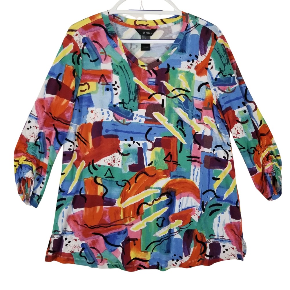 Ali Miles Womens Large Abstract Art Print V-Neck 3/4 Ruched Sleeve Tunic‎ Top